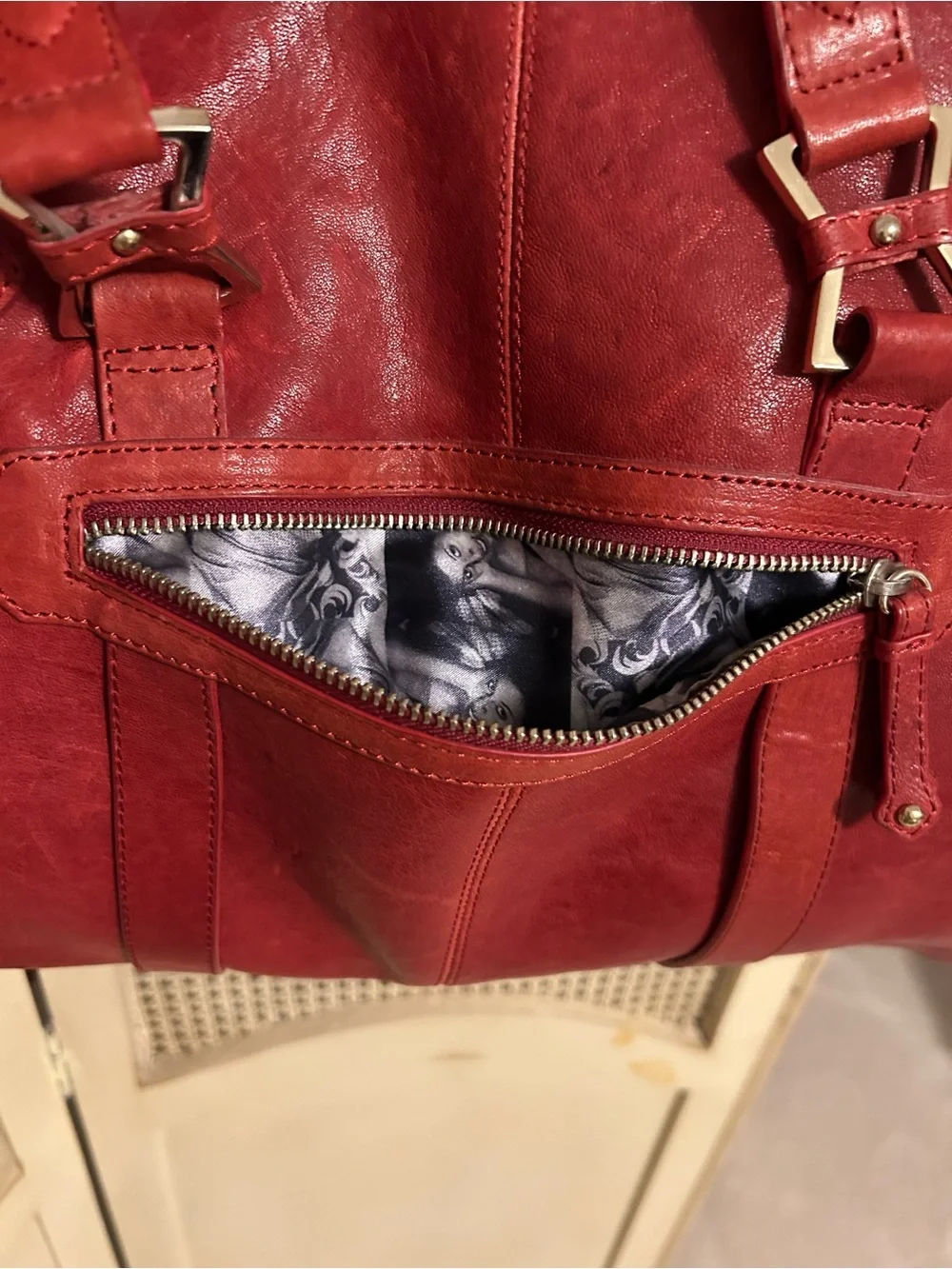 Junior Drake Red Leather Shoulder Bag with Dual Front Pockets